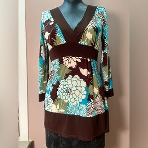 Y2K Kiwi Floral Empire Waist Belted Tunic Top Size Small
